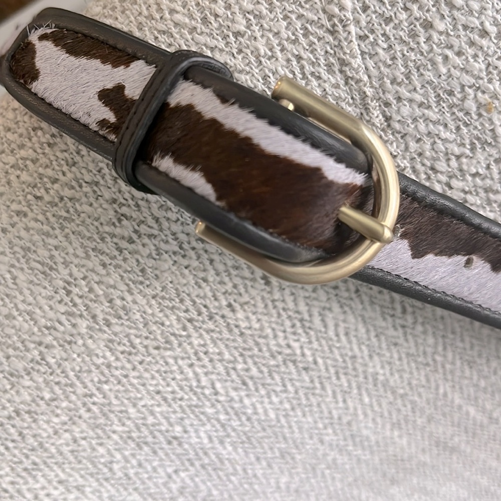 Ann Taylor leather calf hair animal print belt lavender brown print gold buckle